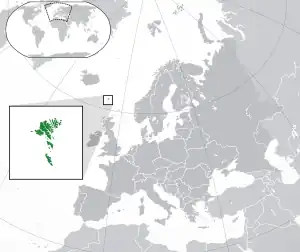 Location of the Faroe Islands (green)in Europe (green and dark grey)