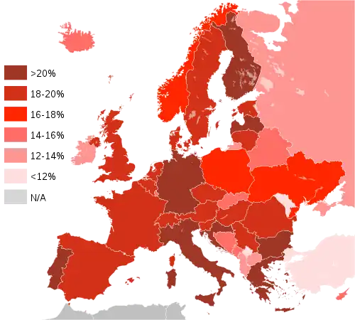 European countries by proportions of people aged 65 and over in 2018