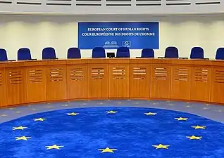 The European emblem emblazoned on the carpet in the European Court of Human Rights