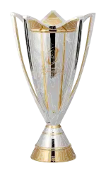 The trophy, made of silver, viewed from the front