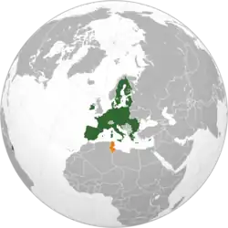 Map indicating locations of EU and Tunisia