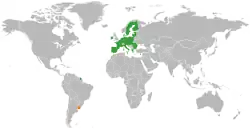 Map indicating locations of European Union and Uruguay