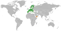 Map indicating locations of European Union and Yemen