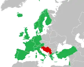 Map of countries in Europe, North Africa and Western Asia showing boundaries in 1992; contest participants in 1992 are coloured in green, with Yugoslavia coloured in red.