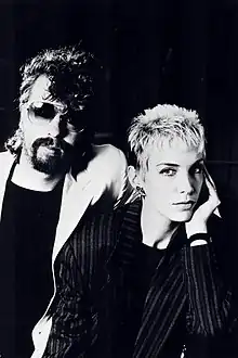 Eurythmics, featuring David A. Stewart (left) and Annie Lennox (right), in 1985.