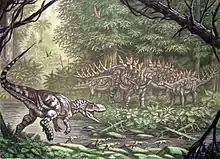 Illustration of a theropod running towards a group of stegosaurs with spikes along their backs surrounded by forest