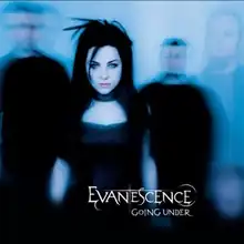 A woman with black hair and black dress can be seen. Three men are surrounding here. The men are not very visible. In front of the woman the words "Evanescence" and "Going Under" are written with white letters.