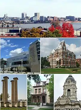 Top to bottom, left to right: Downtown Evansville skyline from Dreier Boulevard, Ford Center, Willard Library, Four Freedoms Monument, Reitz Home, Old Vanderburgh County Courthouse