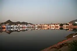 Pushkar lake lit by artificial lights