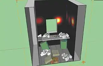 3D representation of hotcell showing cell contents and detected radiation on walls