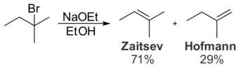 Treating 2-bromo-2-methylbutane with a small base, such as sodium ethoxide, gives the Zaitsev product.