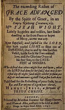 Title page of The Exceeding Riches of Grace (1647), probably the most popular book Allen sold.