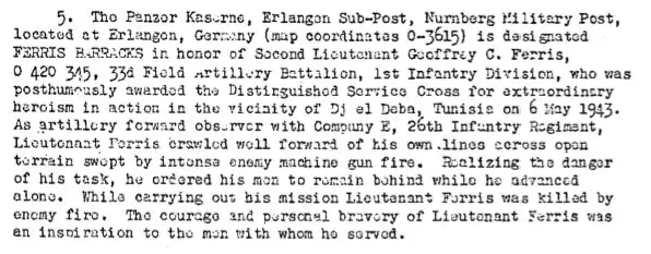 Excerpt of General Order 41, dated May 11, 1949, renaming Panzer Kaserne in Erlangen to Ferris Barracks.