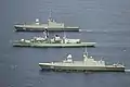 HMS Argyll, RSS Formidable and RSS Intrepid alongside each other during Exercise Bersama Lima 18. 13 October 2018.