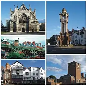 Clockwise from top left: Exeter Cathedral; Exeter Clock Tower; Devon County Hall; Cathedral Close; and The Iron Bridge