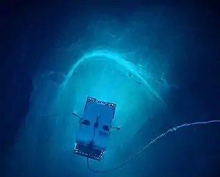 "Image of remotely operated vehicle Deep Discoverer exploring a spectacular arcuate, headwall scarp measuring 20 meters (66 feet) across, seen in the carbonate Juana Diaz Formation, Guayanilla Canyon, to the south of Puerto Rico" (NOAA)