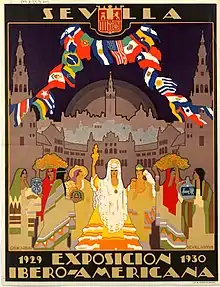 The flags of the countries attending the 1929 Iberian-American Exhibition fly in the wind. Below them, there are different cultures represented through their dress. Seville is in the background of the poster.