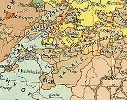 Map of Switzerland in 1378, showing the Bishopric labelled Valais