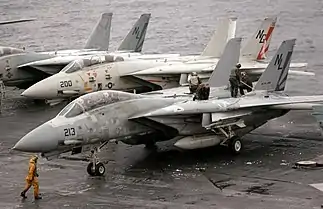 2 F-14A Tomcats of VF-111 operations aboard the aircraft carrier USS Carl Vinson (CVN-70) in 1987. Note the lighter camouflage of the F-14A with number 200 which wears the tail code "NG" of CVW-9 and the name of CVW-9's (then) parent carrier, USS Kitty Hawk (CV-63). The rudders, however, show the markings of VF-111.