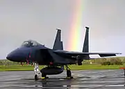 F-15C Eagle aircraft from the 493rd Fighter Squadron, 48th Fighter Wing, parked on the apron at RAF Lakenheath