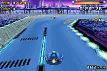 Vehicle racing on a track high above ground. In the corners of the screen are head-up display information detailing race standings, energy-level, time, and speed.