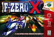 Numerous hovercars race on a thin straightaway toward the viewer, with "F-Zero X" in stylized capitals above.