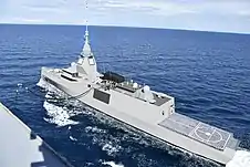 Computer-generated image of a Replenishment at sea (RAS) of the frigate Amiral Cabanier, a planned Frégate de défense et d'intervention (as of 2022) of the French Navy.