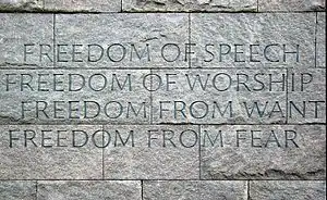 Engraving of the Four Freedoms at the Franklin Delano Roosevelt Memorial, dedicated in 1997 in Washington, D.C.