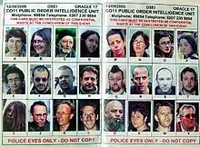 A piece of paper with 24 photographs of people saying "for police eyes only" and that it should be destroyed after the event