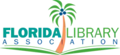 A palm tree standing over what looks like a book with the words Florida Library Association across the middle