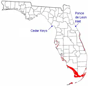 The distribution of the mangrove community in Florida is shown in red. Cedar Keys and Ponce de Leon Inlet are the northern limits of the mangrove community.