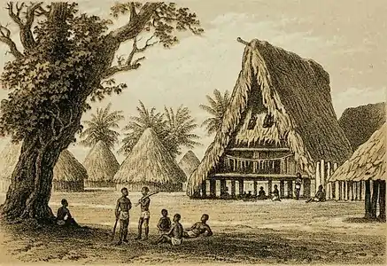 Native Village and Palaver House near Cavalla at Cape Palmas, West Africa, by Picken after George Townshend Fox, 1868.
