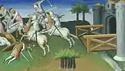Detail from The Travels of Marco Polo, circa 1410, showing a horseman using a spiked flail with both hands to strike an adversary.