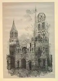 View of thefaçade of Rouen Cathedral, seen from the right, wood engraving- British Museum