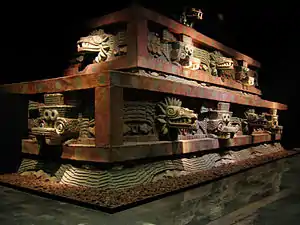 Restored Teotihuacan architecture showing typical Mesoamerican use of red paint complemented on gold and jade decoration upon marble and granite