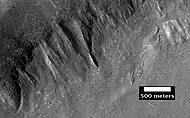 Place where a lobate debris apron begins.  Note stripes which indicate movement.  Image located in Ismenius Lacus quadrangle. Lobate debris aprons have been shown to contain almost pure water ice covered over with a layer of rocky debris.