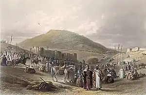 An 1850 drawing of Khan al-Tujjar, near Mount Tabor, Israel