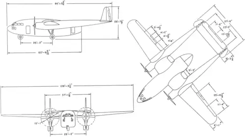 3-view line drawing of the Fairchild C-119B Flying Boxcar