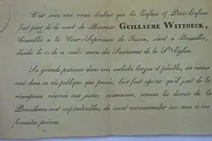 Announcement of death of Guillaume Wittouck, deceased in Brussels on 12 June 1829.
