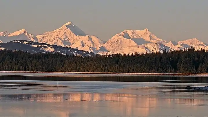 Mt. Crillon (left) and Mt. Bertha (right) seen from park headquarters