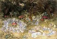 Although the fairy realm may be seen as benevolent, on the other hand, according to many folk tales, an invasion of the Fairy ring is perilous for men. Fairy Rings by Richard Doyle, 1875.