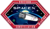 An elongated hexagon with a thick red border encases an artistic depiction of a Falcon 9 second stage in orbit with a satellite in the payload bay.
