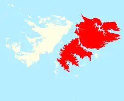 Location of East Falkland (red)in the Falkland Islands (red & white)