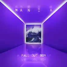 A reflective purple hallway extends far into view. Right at the end, cutting the scene into two parts, we see an image of the crest of pruple waves. Around the waves in a square are neon purple lights. At the top half we see "MANIA" with progressively larger spacing between each of the letters. The bottom half has text that reads "A fall out boy LP" although "a" and "LP" are in a much lower opacity than the band name