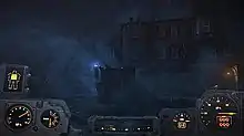 A screenshot of the gameplay in Fallout 4, with the player in a foggy environment with the Power Armor HUD.