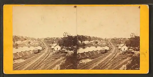 "Falls Station Bridge leading to [Port] Richmond, near Philadelphia." Laurel Hill Cemetery is visible in the upper right.
