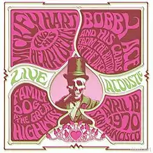 In a design suggesting a 1960s-era concert poster, a skeleton wearing a formal suit and a top hat smokes a large cigarette