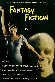 A woman looks at the camera, with giant blurred skull behind her