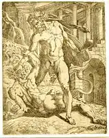 Hercules standing in an architectural setting, and grabbing the head of a man lying at his feet. c.1543 Etching after Rosso Fiorentino.