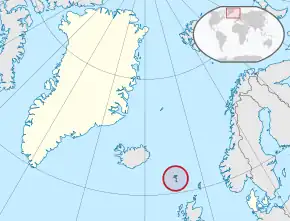 Location of the Faroe Islands (red; circled)in the Kingdom of Denmark (beige)